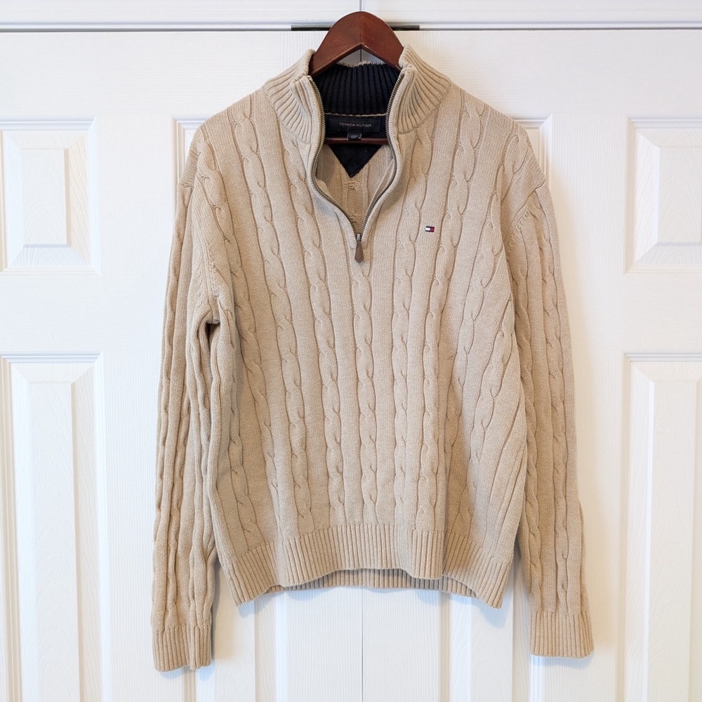 Size L Tommy Hilfiger 100% Cotton Y2K Vintage Cream Chunky Knit Quarter Zip - Picture 2 of 15